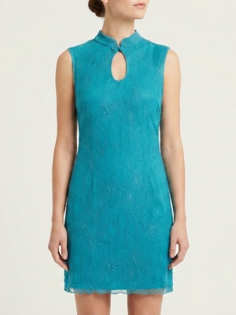 Vintage Teal Sleeveless Keyhole Embroidered Mini Dress